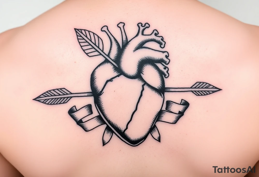 anatomical heart pierced by ornate arrow with flowing ribbons tattoo idea
