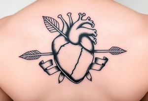 anatomical heart pierced by ornate arrow with flowing ribbons tattoo idea