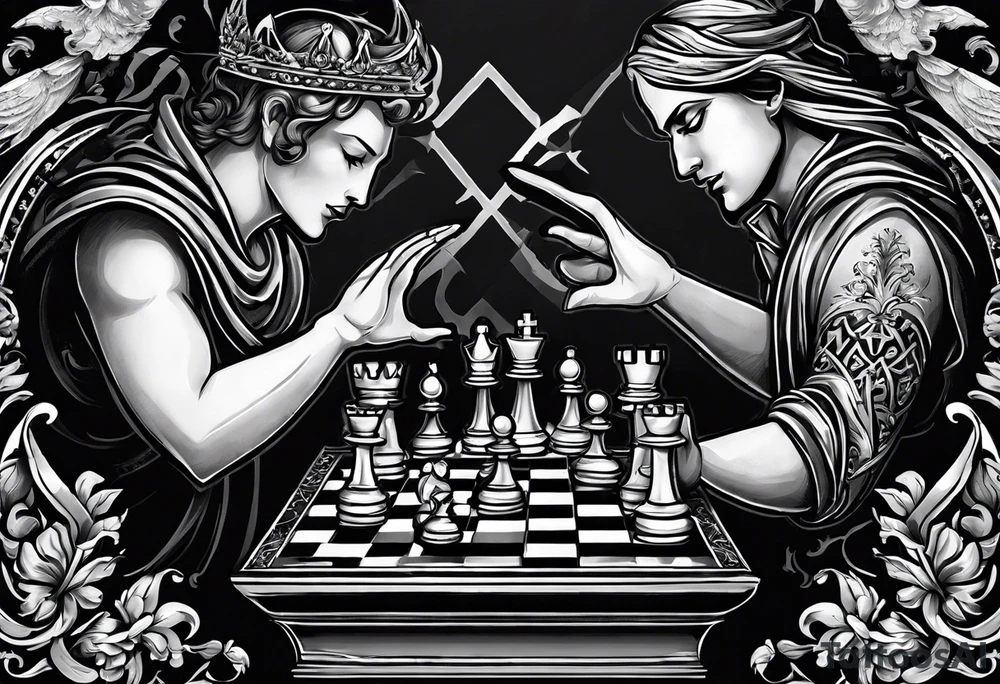 an angelic hand making a strategic move on one side of the chessboard, while the demonic hand on the other side counteracts, symbolizing the timeless struggle. tattoo idea