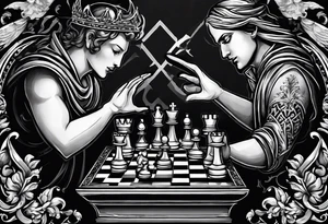 an angelic hand making a strategic move on one side of the chessboard, while the demonic hand on the other side counteracts, symbolizing the timeless struggle. tattoo idea