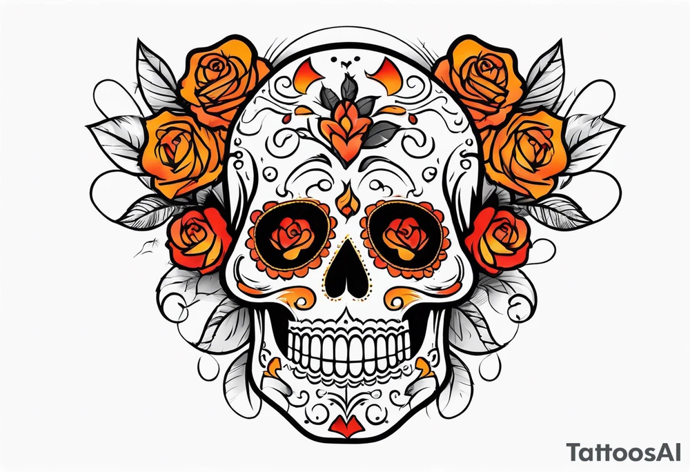 Sugar skull with roses that are orange and red with smoke around it tattoo idea