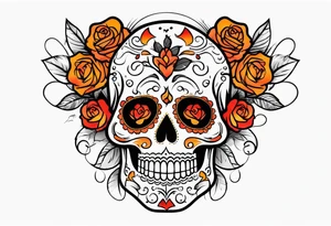 Sugar skull with roses that are orange and red with smoke around it tattoo idea