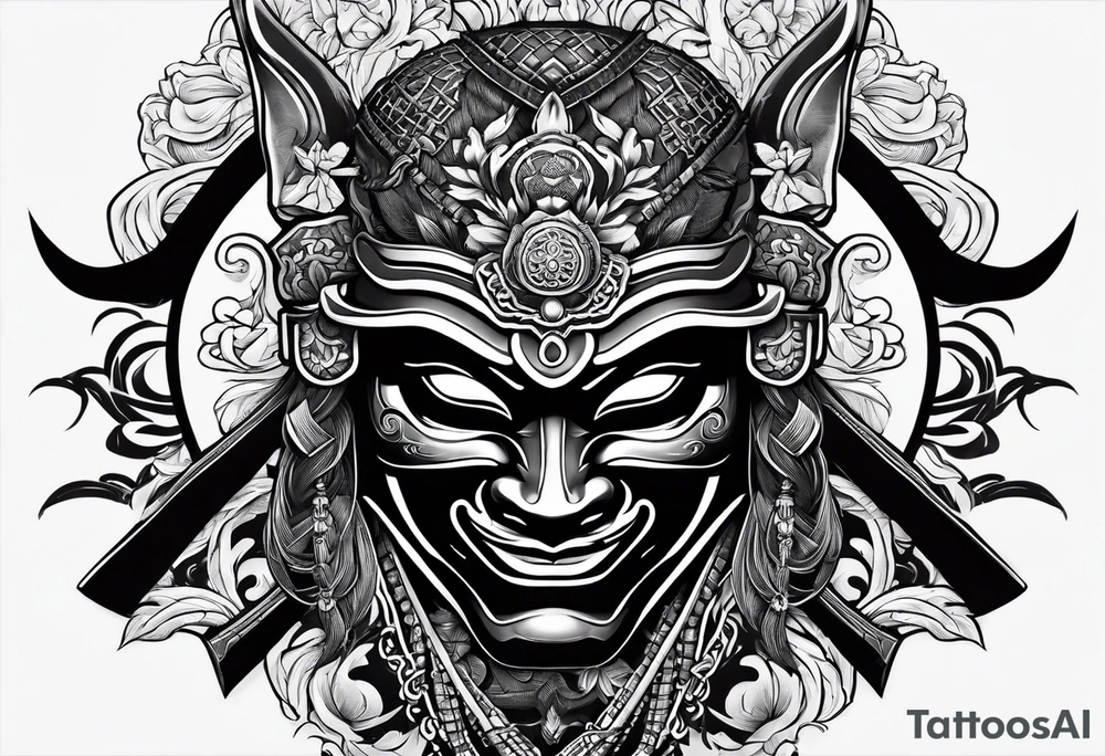 Black samurai mask with shading background for shoulder tattoo idea Black samurai mask with shading background for shoulder tattoo idea