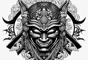 Black samurai mask with shading background for shoulder tattoo idea
