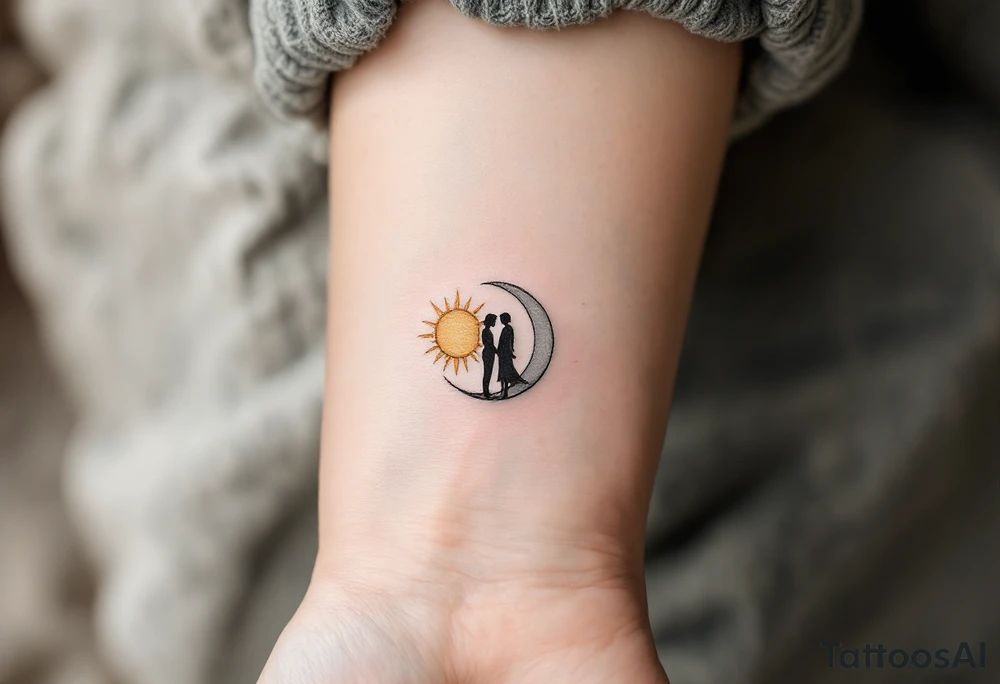A sun and moon in a symmetrical design, with the couple’s silhouettes standing together beneath them, hands joined. Warm gold for the sun, cool silver for the moon, and black for the couple’s silhouettes. tattoo idea