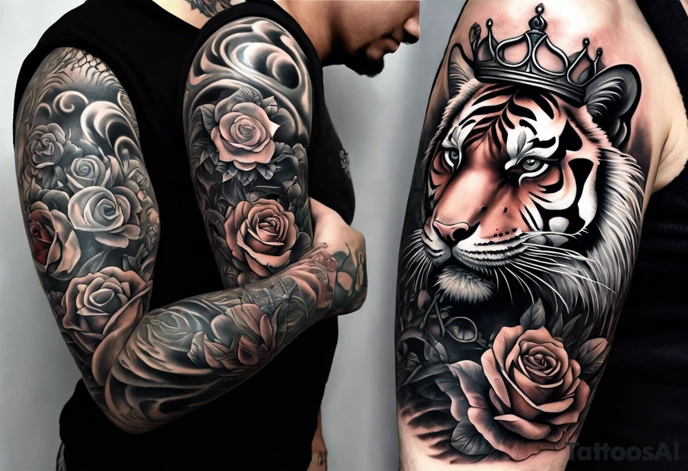 Full right arm sleeve  tiger with a crown and third eye with a hour glass instead the hourglass brain cover in in clouds and a heart cover in grass and roots with roses and smoke all over the arm tattoo idea