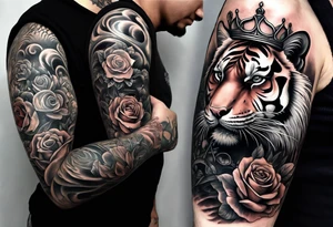 Full right arm sleeve  tiger with a crown and third eye with a hour glass instead the hourglass brain cover in in clouds and a heart cover in grass and roots with roses and smoke all over the arm tattoo idea