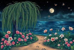 Night time. Ocean.  weeping willow garden with roses and lilies flower beds, fairies, mermiads, dragons butterflies,  cat paw prints path in dirt. tattoo idea
