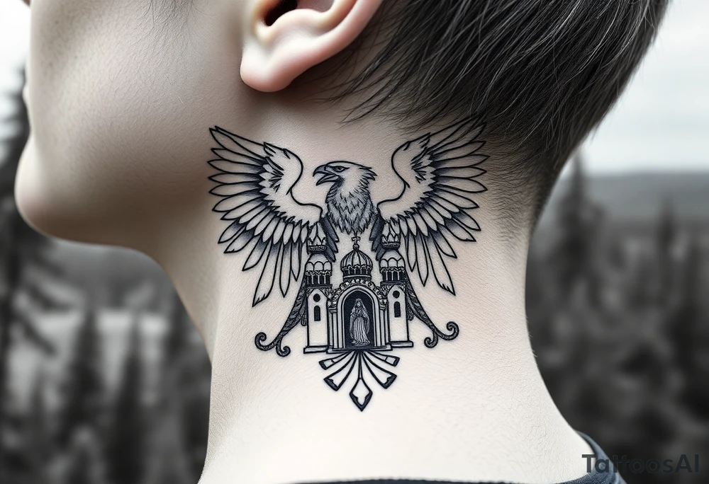 russian coat of arms double headed eagle traditional christian orthodox cross with a virgin mary stood in the entrance of a russian orthodox dome church on the side of the neck in a wilderness setting tattoo idea