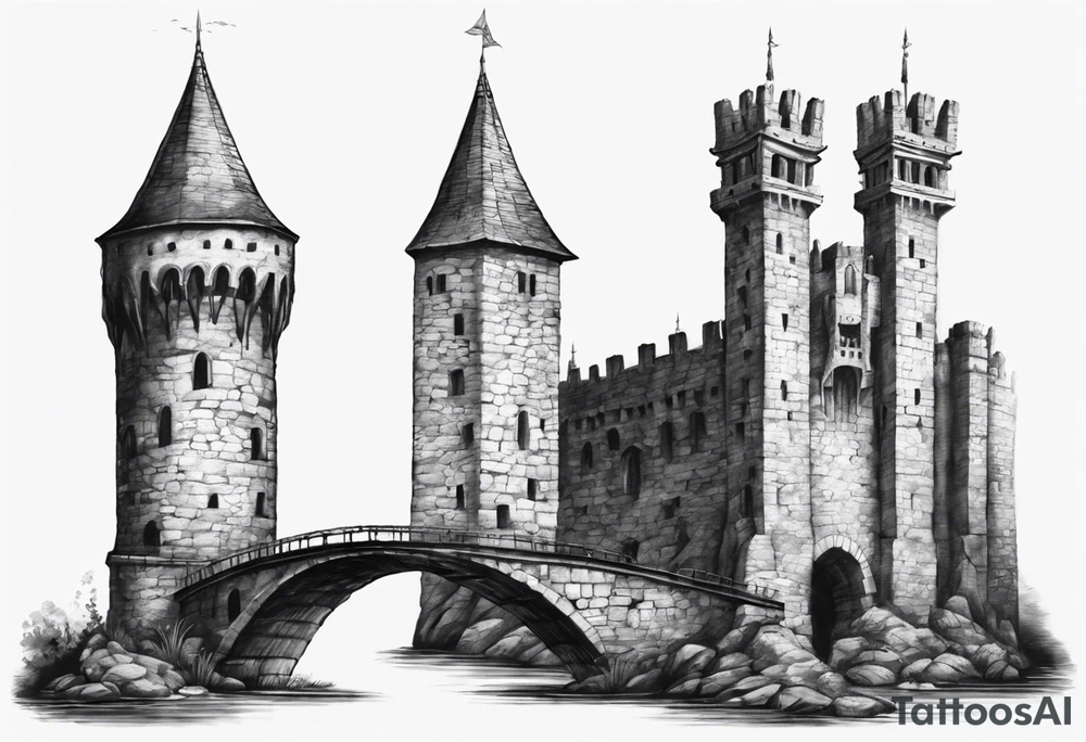 a short, completely horizontal bridge linking the top of two medieval towers together tattoo idea