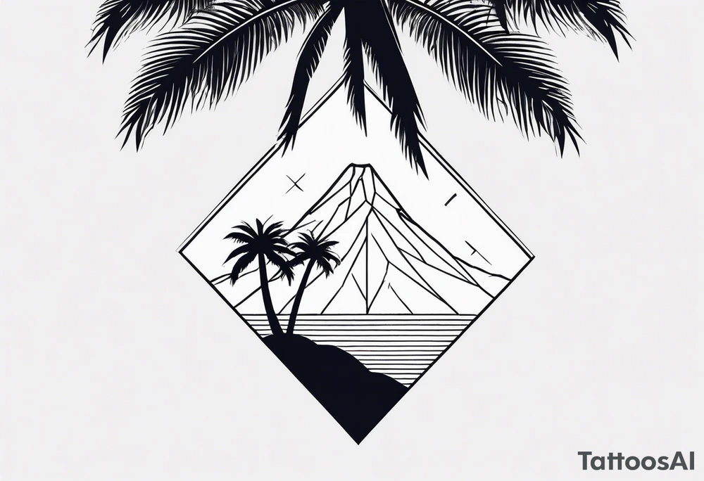 Fineline style. Thin and tall palmtree with a geometrical volcano in the back tattoo idea