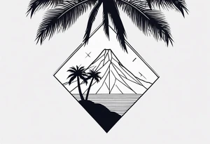 Fineline style. Thin and tall palmtree with a geometrical volcano in the back tattoo idea