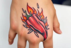 Chili pepper with flames and raining bullets in the background tattoo idea