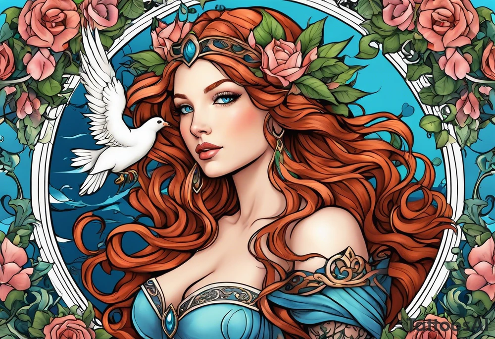 Aphrodite with auburn hair and ocean-blue eyes surrounded with doves and poison ivy sitting on a heart tattoo idea
