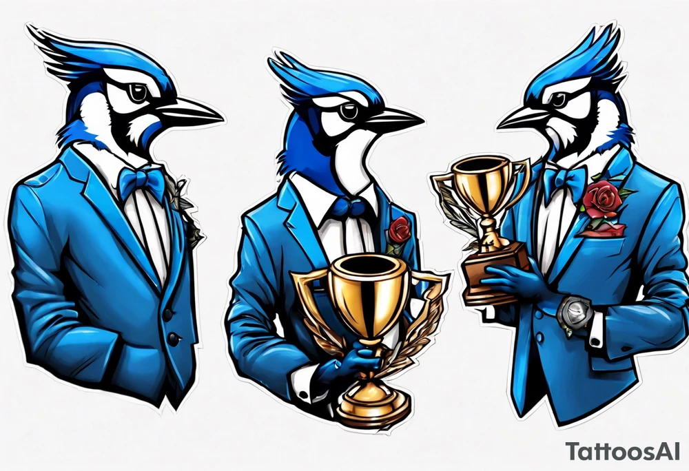 bluejay in a suit holding a trophy tattoo idea