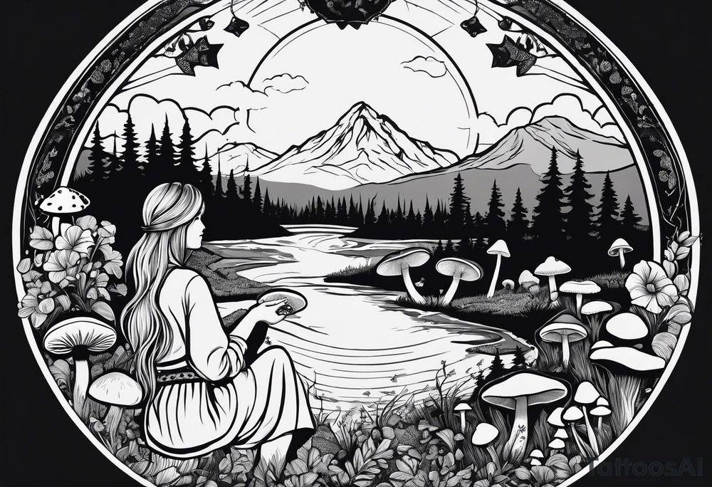 Whole picture encircled fully

Straight long blonde hair hippie girl in distance holding mushrooms in hand facing away toward mountains and creek surrounded by mushrooms long sleeve shirt and hiking pants; whole rendering within a full circle, no cut off circle tattoo idea