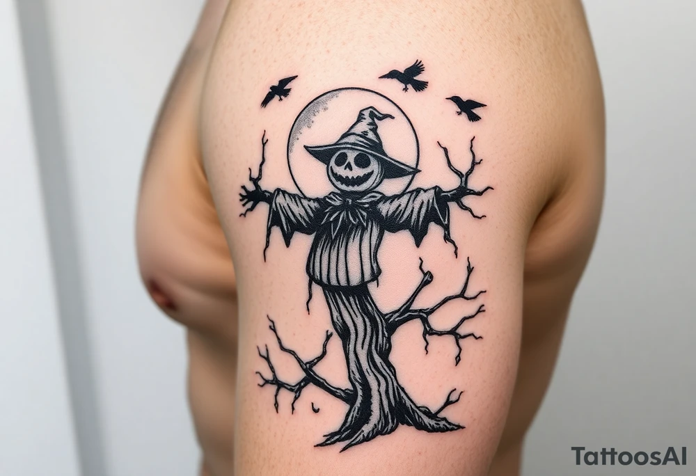 sentinel pumpkin scarecrow wicked tree with moonlight. crows flying. ornamental fade tattoo idea