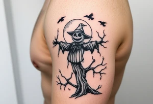 sentinel pumpkin scarecrow wicked tree with moonlight. crows flying. ornamental fade tattoo idea