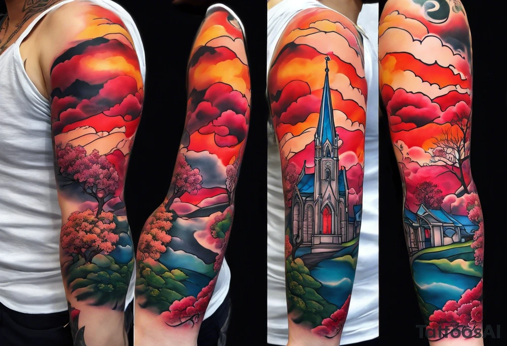 Full arm sleeve with multiple elements blended together. I want the Duke university chapel , cherry tree elements , red clouds from akatski , naruto or sauske , Atl skyline and captain C tattoo idea