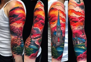 Full arm sleeve with multiple elements blended together. I want the Duke university chapel , cherry tree elements , red clouds from akatski , naruto or sauske , Atl skyline and captain C tattoo idea
