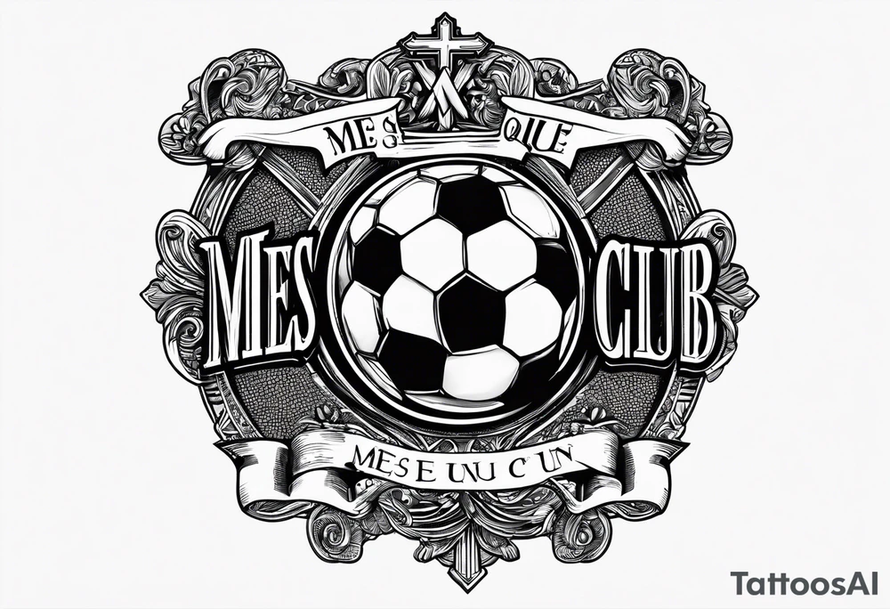 MÉS QUE UN CLUB text with soccer ball and a cross christian theme tattoo idea