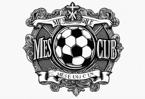 MÉS QUE UN CLUB text with soccer ball and a cross christian theme tattoo idea