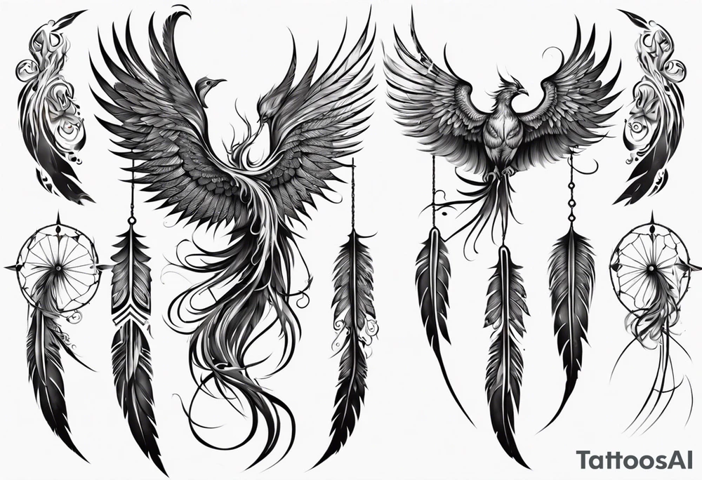 Vertical open mouthed flying Phoenix with wings blending into circles and a long abstract dream catcher feather tail tattoo idea