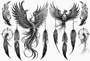 Vertical open mouthed flying Phoenix with wings blending into circles and a long abstract dream catcher feather tail tattoo idea