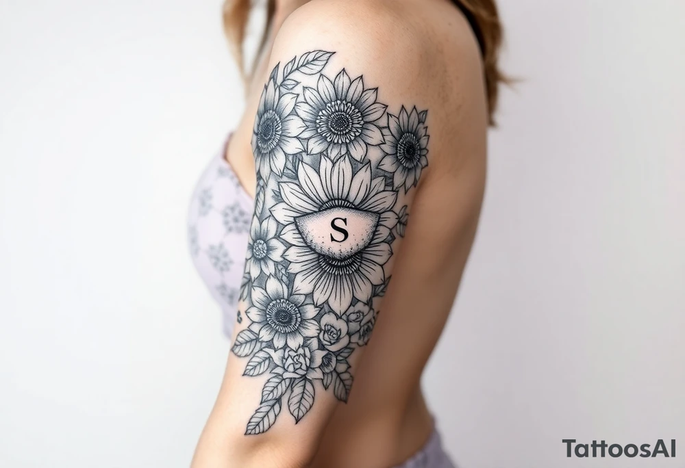 powerful sexy seven deadly sins with words greed, pride, gluttony, wrath, lust, sloth and envy, surrounded by sunflowers and roses tattoo idea