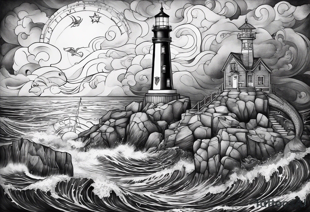 Mermaid sitting on a lighthouse’s rock, vessel in a storm, a compass, a nautical chart tattoo idea