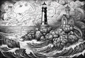 Mermaid sitting on a lighthouse’s rock, vessel in a storm, a compass, a nautical chart tattoo idea