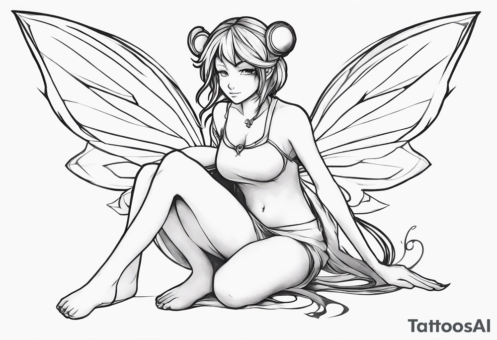 No color sketch of a fairy with a tail inspired by the guild symbol in the anime show called Fairy Tail in a fetal position leaning forward while crawled in hugging herself with hands a bit forward and her body is an angle while floating in the air tattoo idea