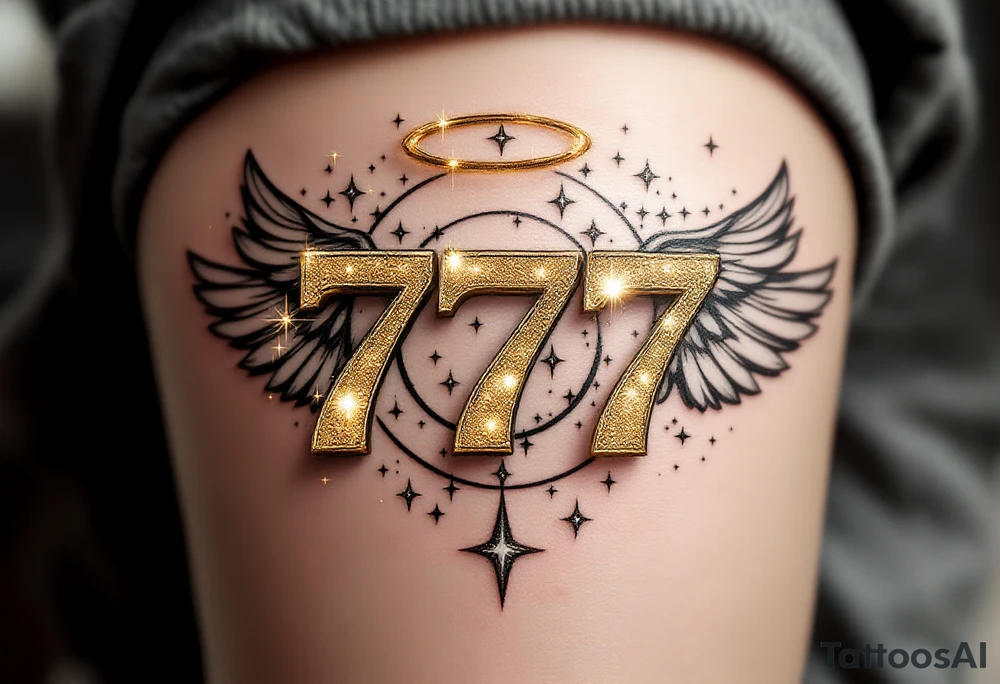 A bold "777" in a sleek, modern font in gold and silver light. The numbers are surrounded by celestial elements like tiny twinkling stars, a faint halo, and soft angelic wings, symbolizing divine guidance and good fortune. tattoo idea
