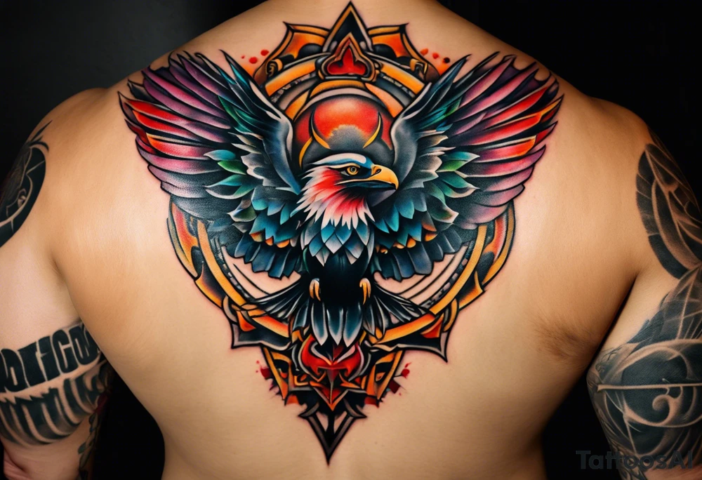 Wide tattoo that appears to be bursting out of the skin, symbolizing freedom. The tattoo should be vibrant and dynamic, with bold lines and colors that evoke a sense of liberation and empowerment. Consider incorporating elements such as broken chains, or other symbols of freedom. The tattoo should be visually striking and thought-provoking, inviting the viewer to reflect on the importance of personal freedom. tattoo idea