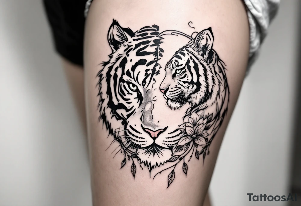 Character character in dark gray pairs with a tiger to emphasize inner and outer power. tattoo idea