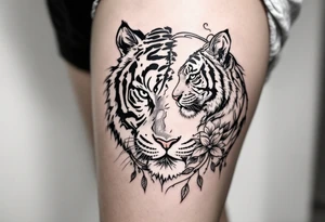 Character character in dark gray pairs with a tiger to emphasize inner and outer power. tattoo idea