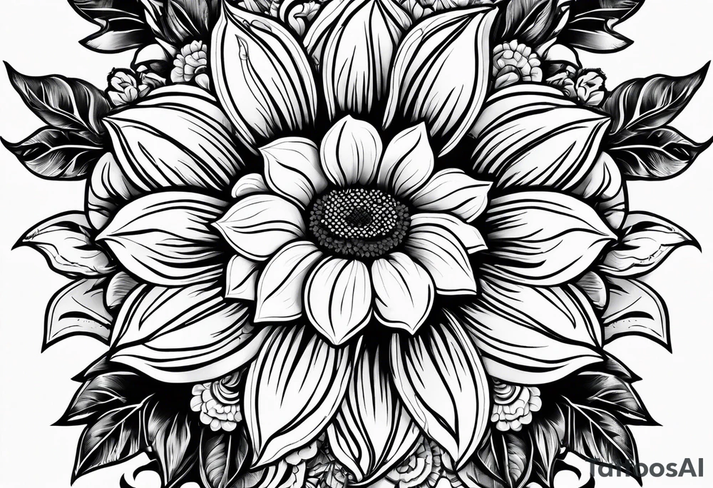 NAJE in edwardian script surrounded by symmetrical sunflowers tattoo idea NAJE in edwardian script surrounded by symmetrical sunflowers tattoo idea