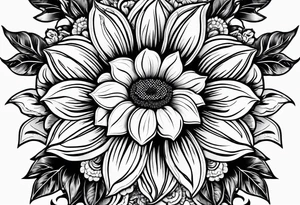 NAJE in edwardian script surrounded by symmetrical sunflowers tattoo idea