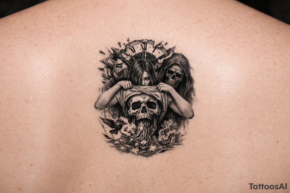 A clock being blown apart by time with a woman pulling her shirt up to reviel a skull  as her stomach puking sparrow and evil upon the world,and death is watching her cause she manipulated 
Everyone tattoo idea