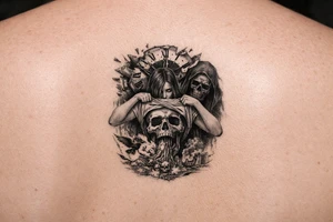 A clock being blown apart by time with a woman pulling her shirt up to reviel a skull  as her stomach puking sparrow and evil upon the world,and death is watching her cause she manipulated 
Everyone tattoo idea