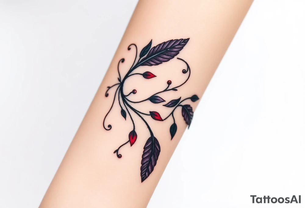 Bracelet with vines and feathers
Purple, red and black with a jewelry like finish tattoo idea