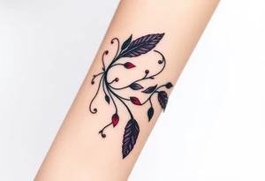 Bracelet with vines and feathers
Purple, red and black with a jewelry like finish tattoo idea