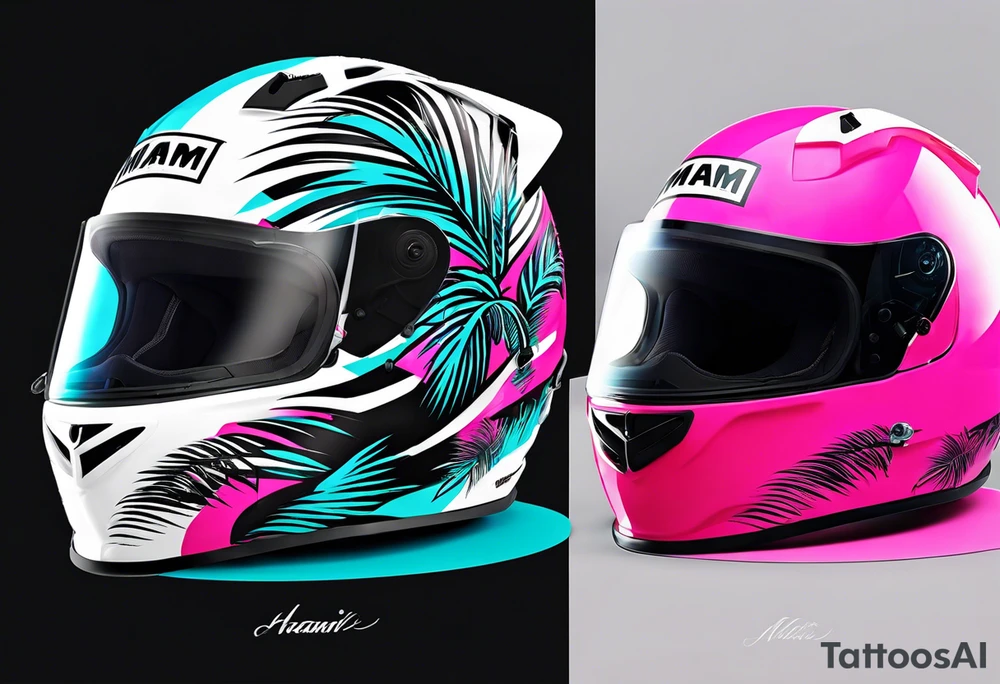 Formula 1 helment with the Miami name a palm tree and light blue black and pink colors tattoo idea