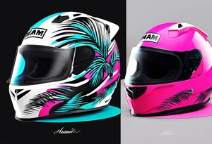 Formula 1 helment with the Miami name a palm tree and light blue black and pink colors tattoo idea