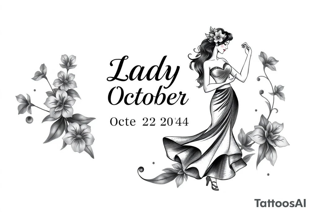 the date October 22, 2024. With the name ‘Lady’. salsa music and dancing elements. tattoo idea