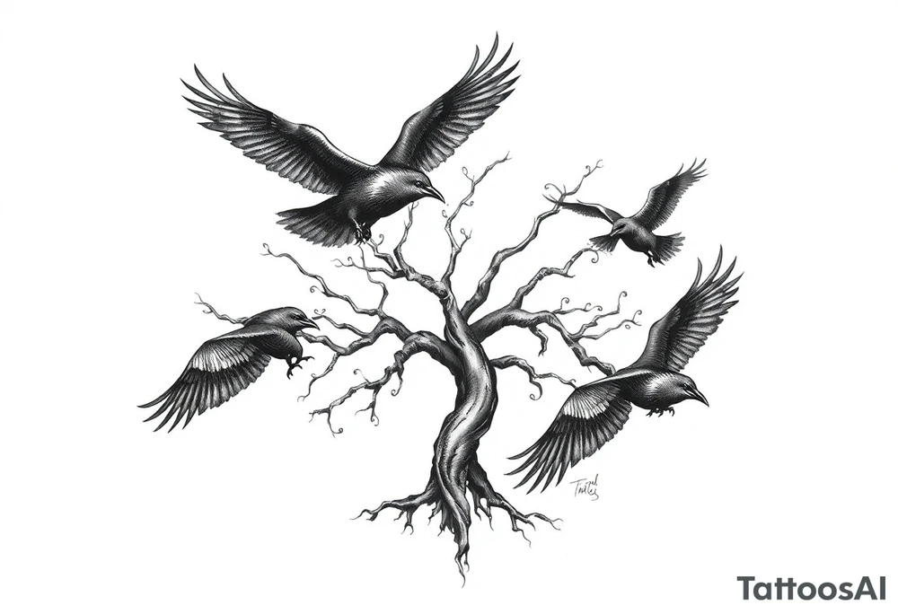 Irish family tree with 3 flying ravens tattoo idea