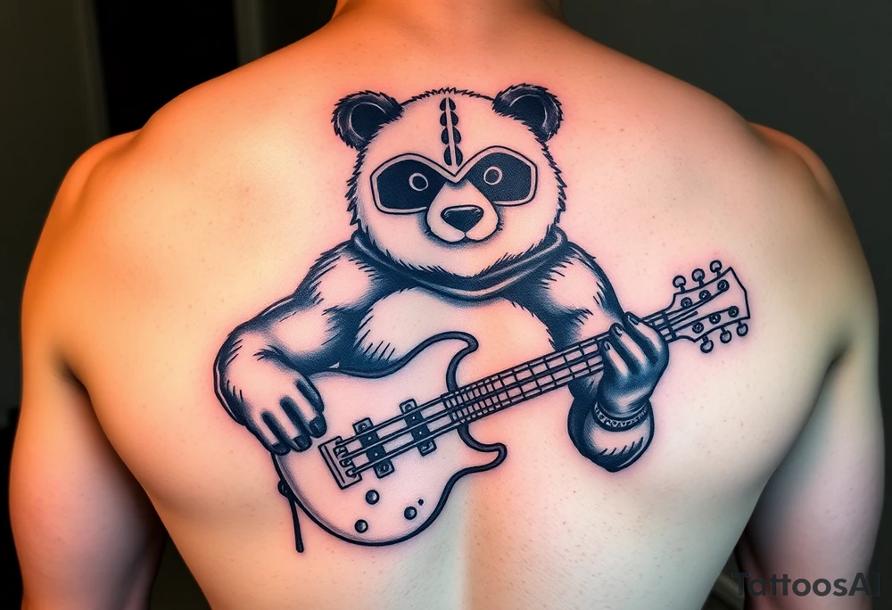 Luchador panda holding a broken bass guitar and the word creeper tattoo idea
