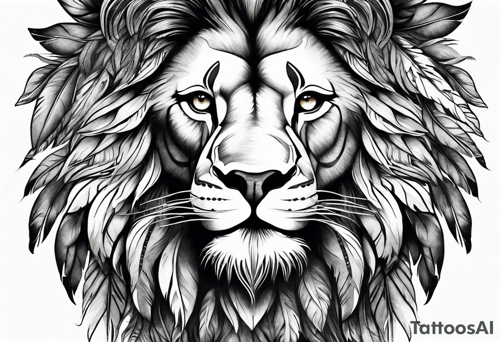 Powerful lion and feathers tattoo idea