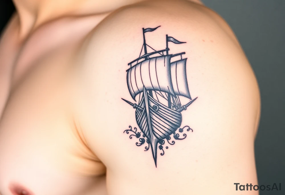 viking ship frontal, sea tattoo idea