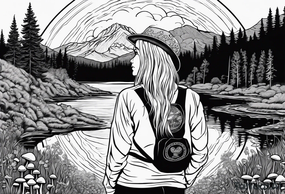 Whole picture encircled fully

Straight long blonde hair hippie girl in distance holding mushrooms in hand facing away toward mountains and creek surrounded by mushrooms long sleeve shirt and hiking pants; whole rendering within a full celtic circle, no cut off circle tattoo idea